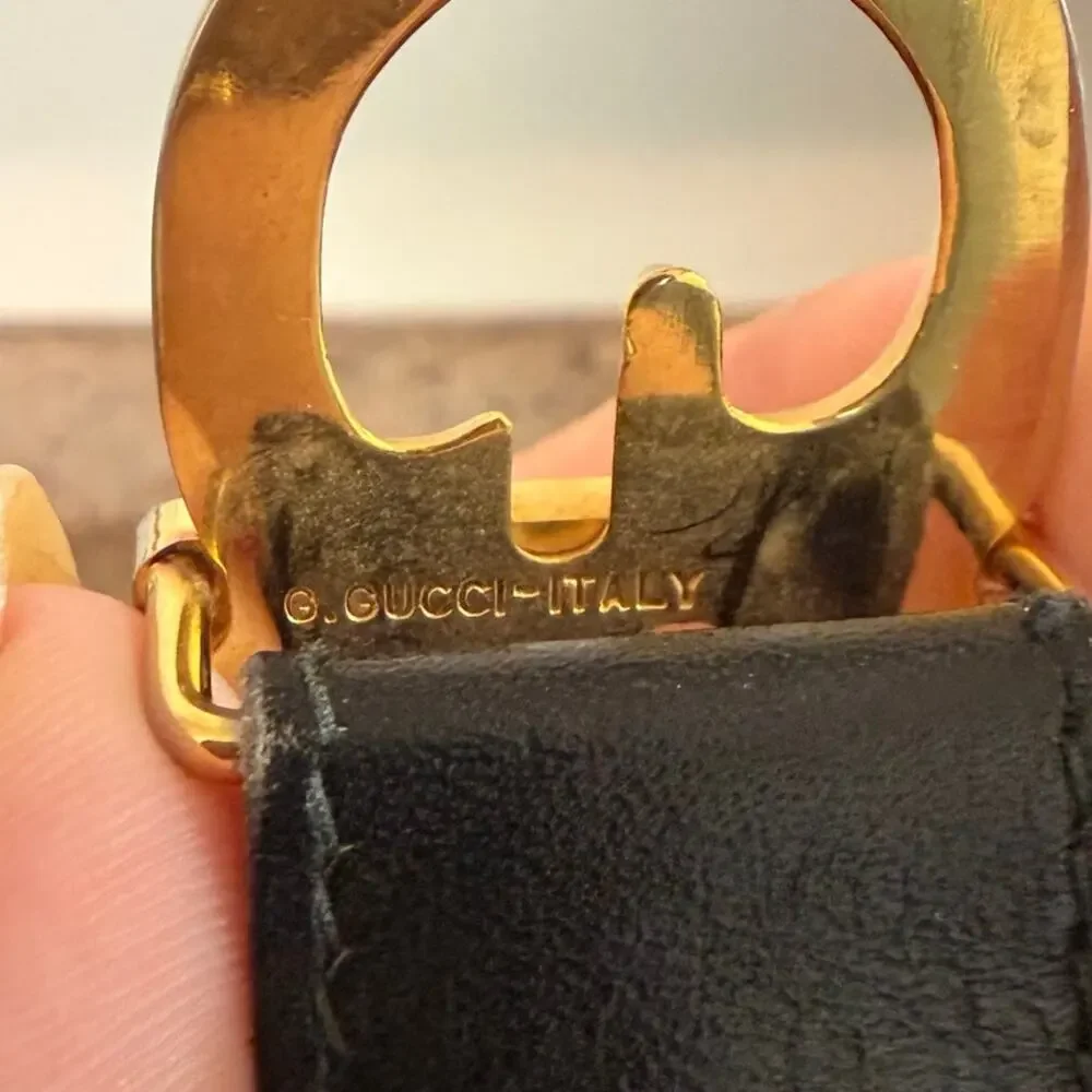 RARE GUCCI 1970's VTG Gold & Silver Double G Buckle Leather Belt 